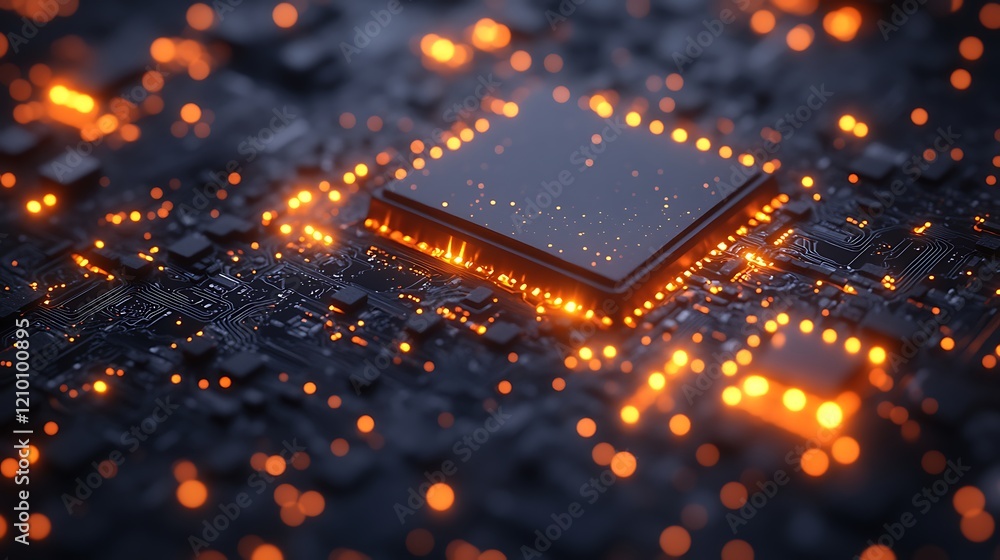 Poster processor power: a close-up shot of a modern microprocessor, gleaming with an orange glow, set again