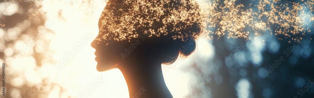 Poster glowing woman with radiant tree shadows creating a surreal play of light and texture in nature