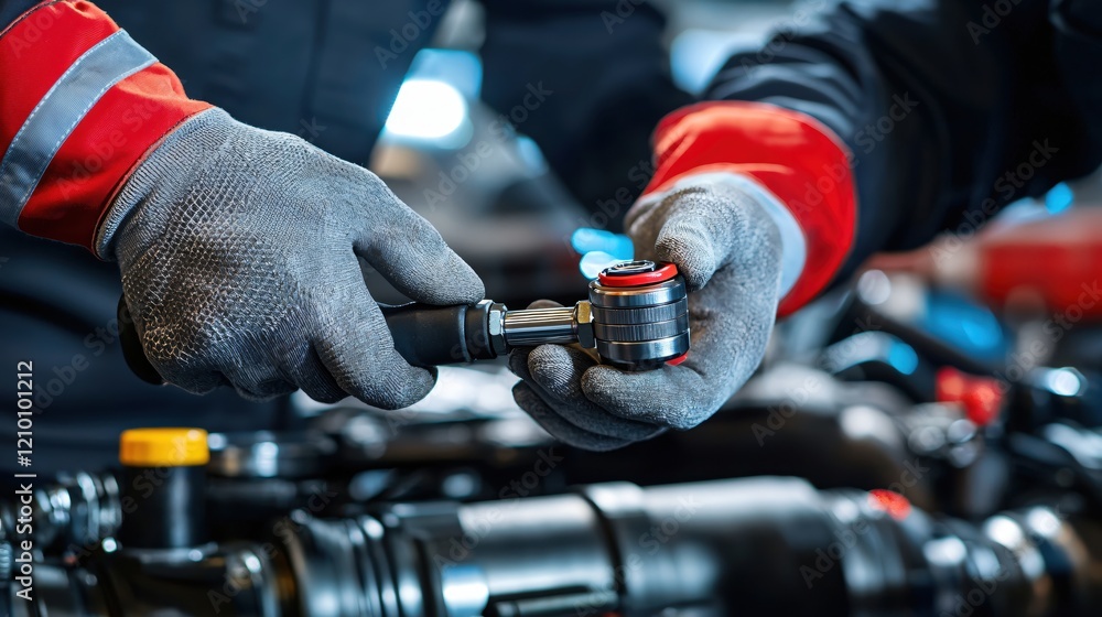 Poster mechanic hands with gloves holding car part in a workshop with engine in the background