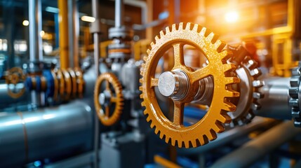 Industrial gear system with yellow cogwheels and metallic pipes in a factory setting with sunlight