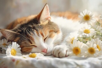 A serene watercolor of a cat lying on a sunny windowsill, its eyes half-closed, with warm and muted tones blending harmoniously