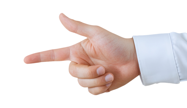 A close-up of a hand, elegantly dressed in a crisp white shirt, extends an index finger, precisely pointing; a gesture of direction and guidance, simple yet powerful., cut out,transparent background