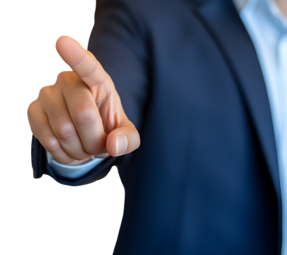 A businessman's hand, sharply dressed in a formal suit, extends, index finger pointing decisively.  A gesture of direction, power, and control., cut out,transparent background