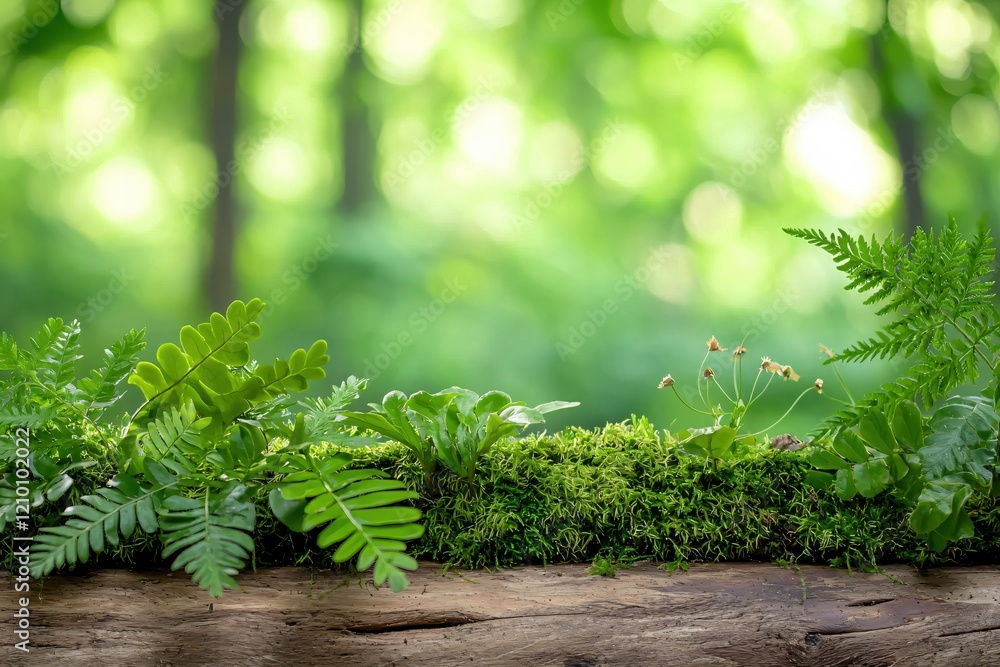 Poster lush green moss and ferns on a wooden log with soft bokeh background in a forest setting