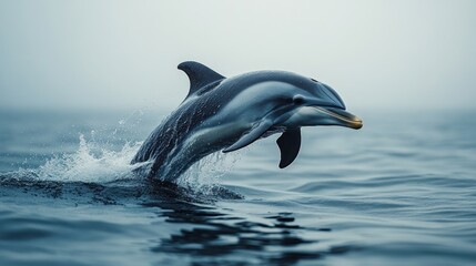 Fototapeta premium Dolphin leaping, ocean mist, coastal waters, wildlife documentary