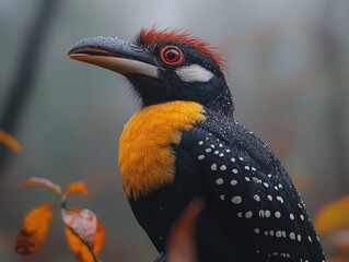 Obraz premium Stunning Colorful Bird in the Rain with Black, White, Orange and Red Feathers