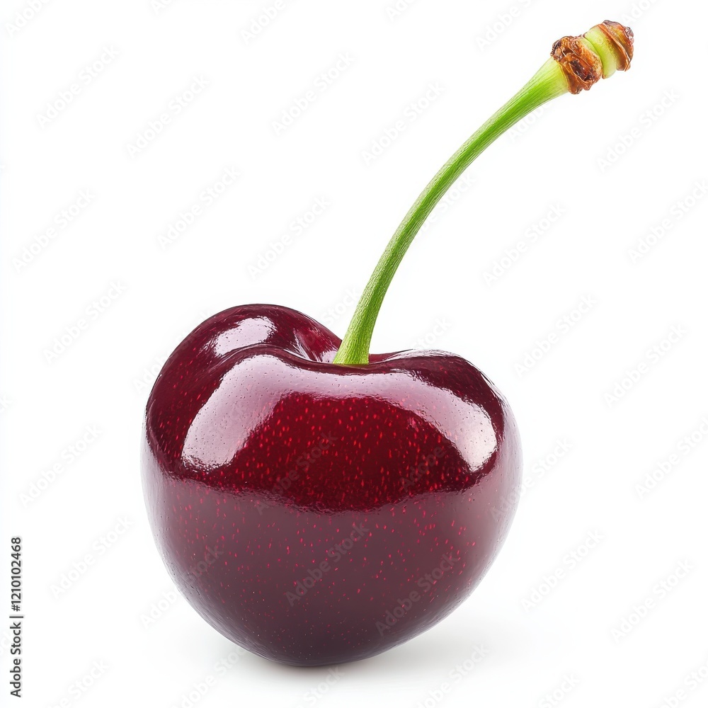 Poster glossy dark red cherry with slender green stem on pristine white backdrop showcasing its fresh appea
