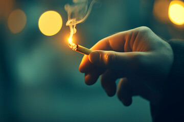 A hand holds a lit cigarette, emitting smoke against a blurred background of warm, glowing lights.