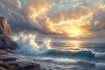 Coastal Cliff: A rugged coastal cliff with waves crashing against the rocks under dramatic clouds and warm sunlight, photorealistic and vivid