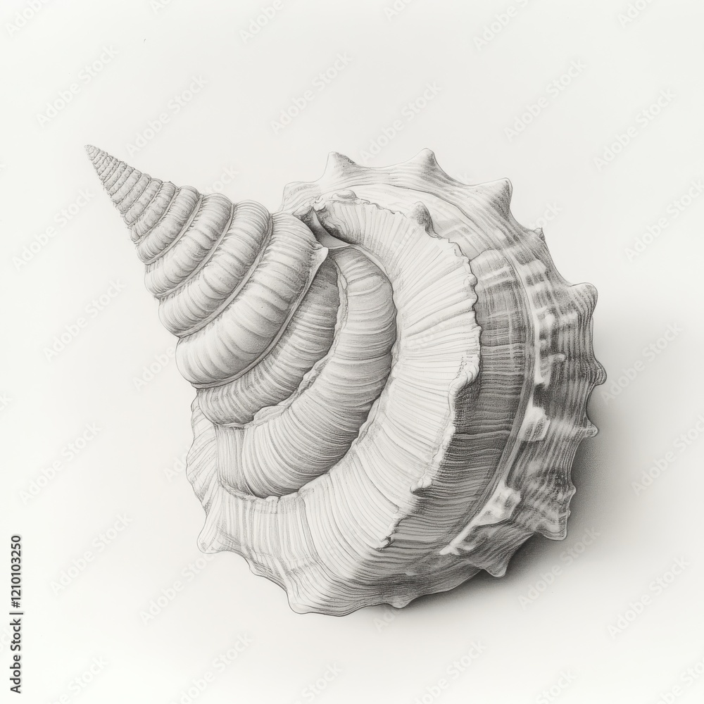 Poster Beautifully illustrated seashell with spiraling patterns showcasing intricate details on a white background