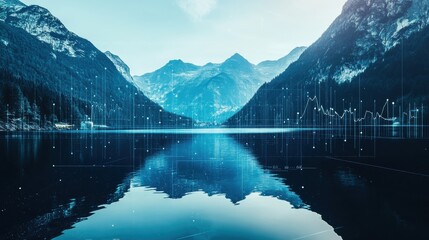 Glowing financial dashboards blend with serene mountain lake and upward trends in peaceful double exposure