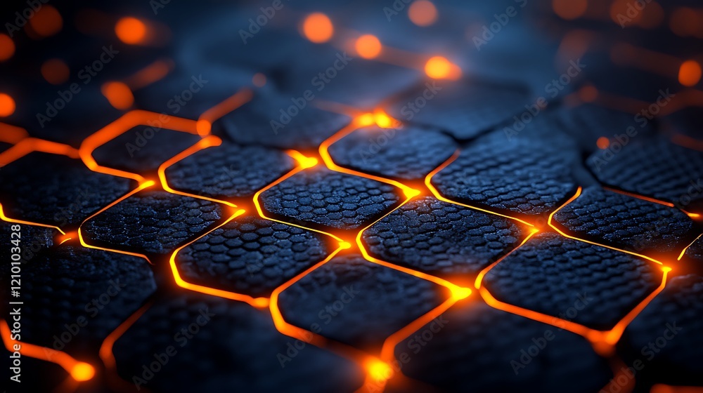 Aufkleber glowing hexagon network: abstract close-up of a dark, textured surface with a network of glowing ora