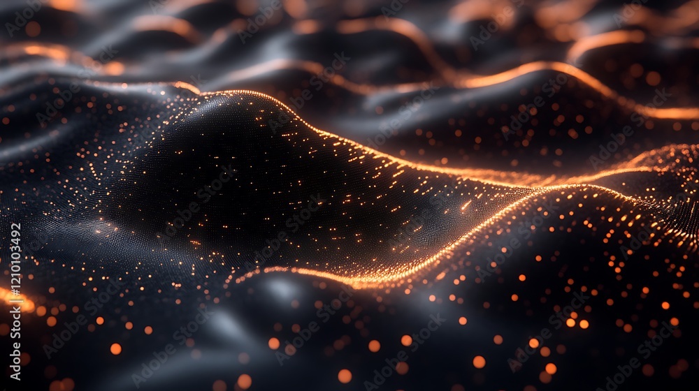 Poster abstract dark energy: glowing orange particles ripple and flow across a dark, undulating surface, cr