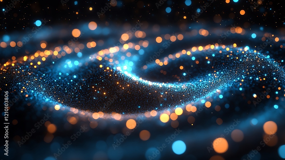 Poster celestial swirl: abstract cosmic swirl of vibrant blue and orange particles, creating a mesmerizing 