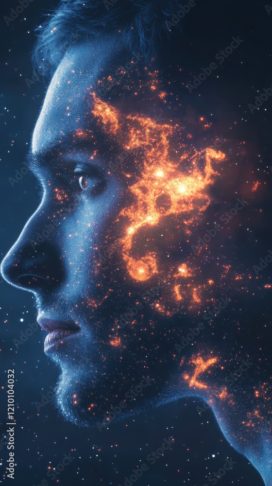 Poster mystical visualization of a man's profile merged with glowing moon landing imagery and spacecraft de
