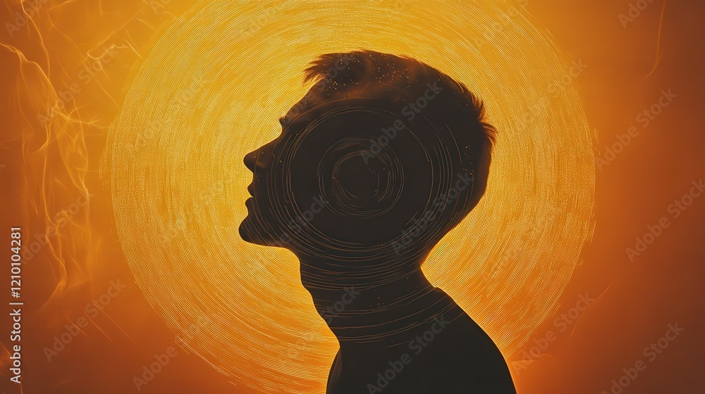 Aufkleber mystical profile of a man radiating concentric circles and shapes against a glowing backdrop