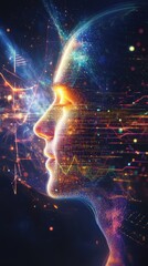 Mystical profile of a man illuminated by glowing frequency graphs and shimmering light patterns