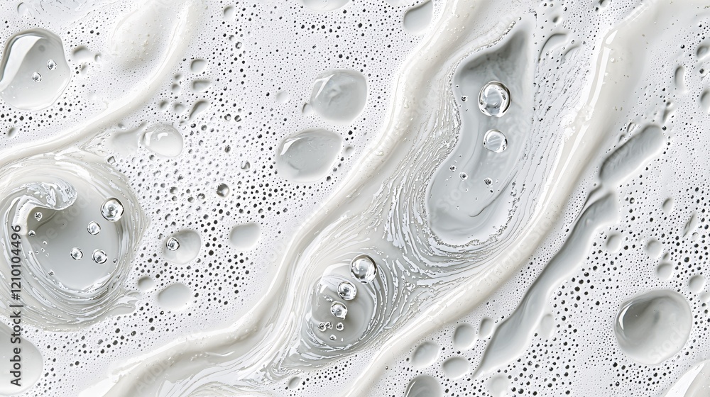 Poster white creamy liquid with bubbles and small dots on a light background abstract texture