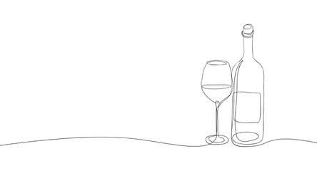 Continuous line one drawing of wine bottle with wineglass. Minimalist linear sketch of alcohol drink in glass and bottle. Vector outline illustration