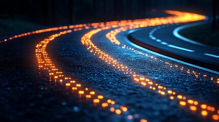 Fototapeta premium The Road Ahead: A winding road illuminated by the warm glow of headlights stretches out before us, the asphalt reflecting the vibrant colors of the passing cars.