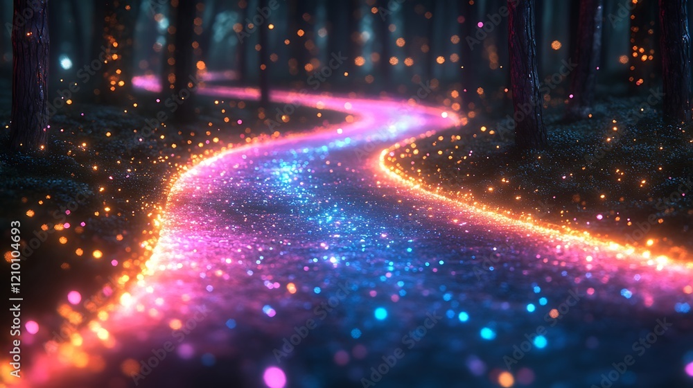 Poster magical forest path: a winding path through an enchanted forest glows with vibrant, otherworldly lig