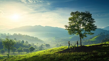 Obraz premium Two people work on a hill with a tree in a scenic landscape under a bright sky with clouds