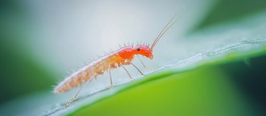Fototapeta premium Red insect crawls green leaf, blurred background, nature macro