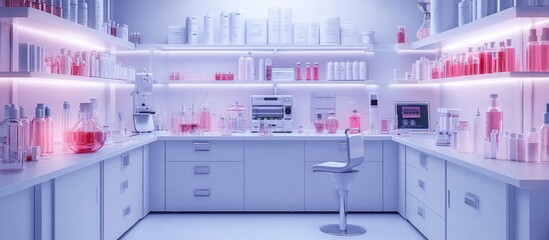 Modern lab cosmetics research, sterile room, pink bottles, equipment