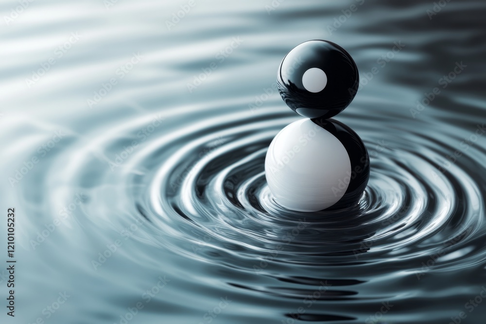Poster A 3D-rendered yin yang symbol floating above a serene pond, with its surface reflecting ripples of light and shadow
