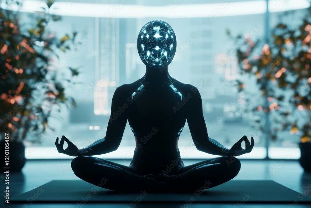 Aufkleber a 3d-rendered yoga pose demonstration, with a figure in perfect alignment on a mat set in a modern v