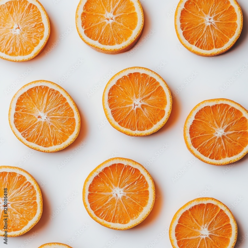 Poster fresh orange slices arranged neatly on a clean white surface showcasing their vibrant color and text