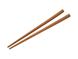 Sustainable and Wooden product. Two wooden chopsticks arranged neatly on a white background.