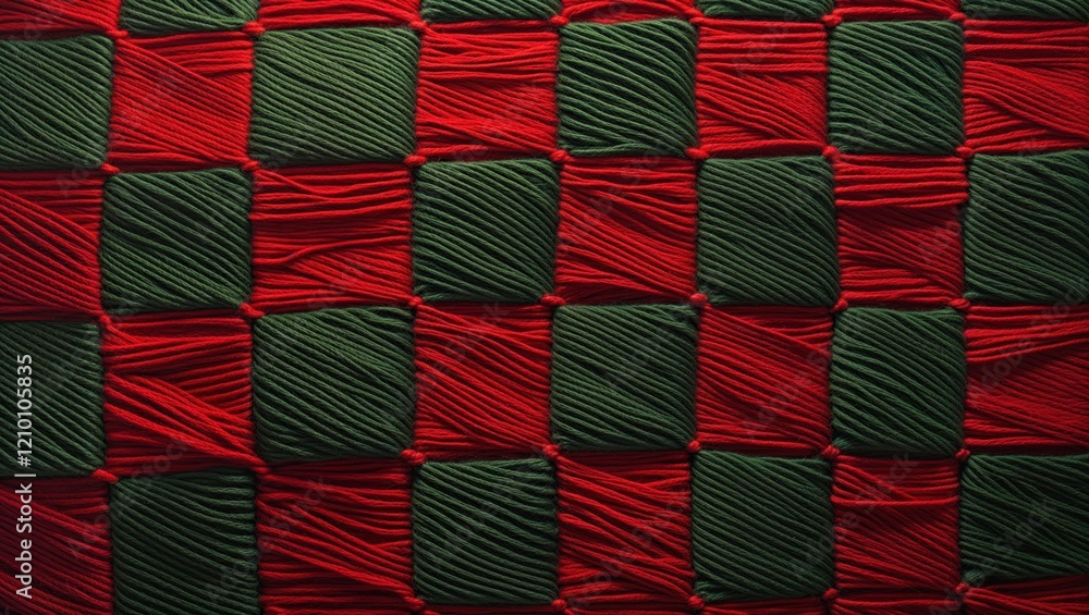 Poster a vibrant textile featuring a checkerboard pattern of red and green squares, showcasing texture and 