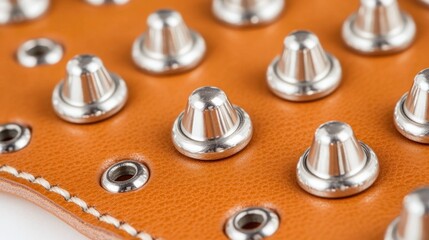 Tan leather studded wristband detail, close-up, white background, fashion accessory