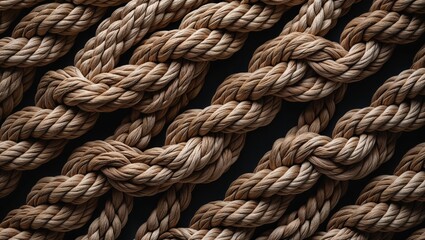 Fototapeta premium A close-up view of intertwined natural fiber ropes, showcasing their texture and intricate patterns against a dark background.