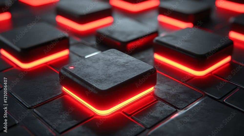 Poster red glow cubes: a close-up shot of black, cubic objects with glowing red edges, creating a mesmerizi