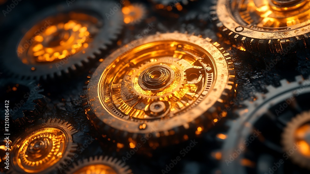 Poster golden gears in motion: intricate golden gears interlock, their warm glow illuminating the complex m