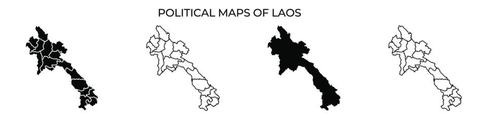 A collection of political maps of Laos illustrating different regions and boundaries. Each map highlights various administrative divisions and significant geographical features.