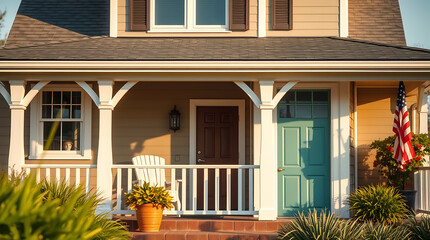 Charming American House Exterior: A Classic Home Design with a Porch, Flag, and Well-Maintained Landscaping