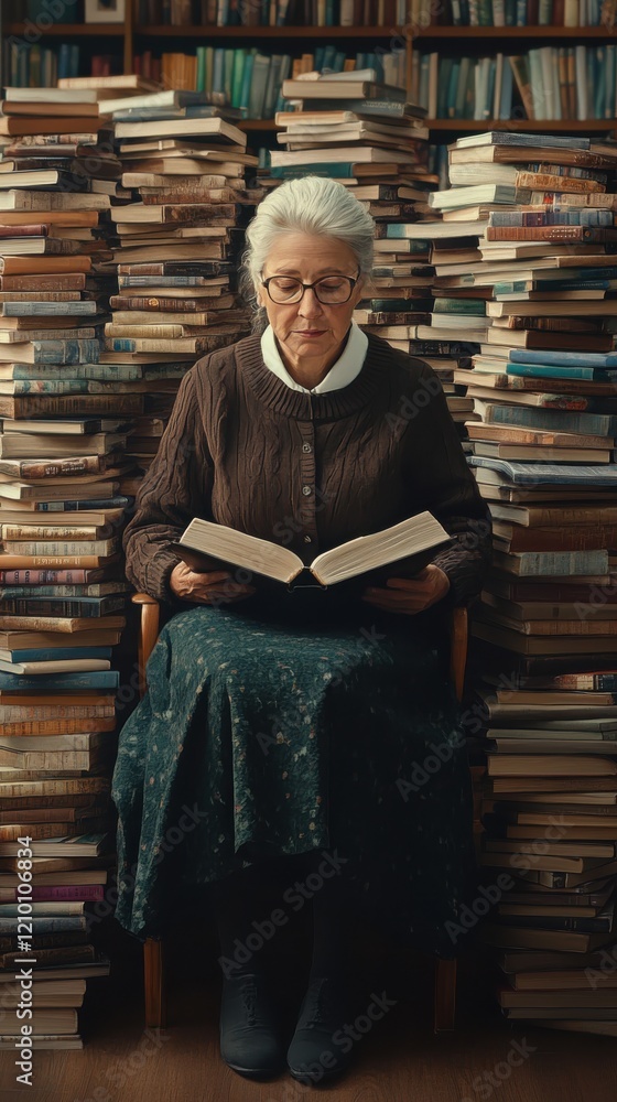 Poster portrait of a teacher reading in a cozy library surrounded by towering stacks of books in afternoon 