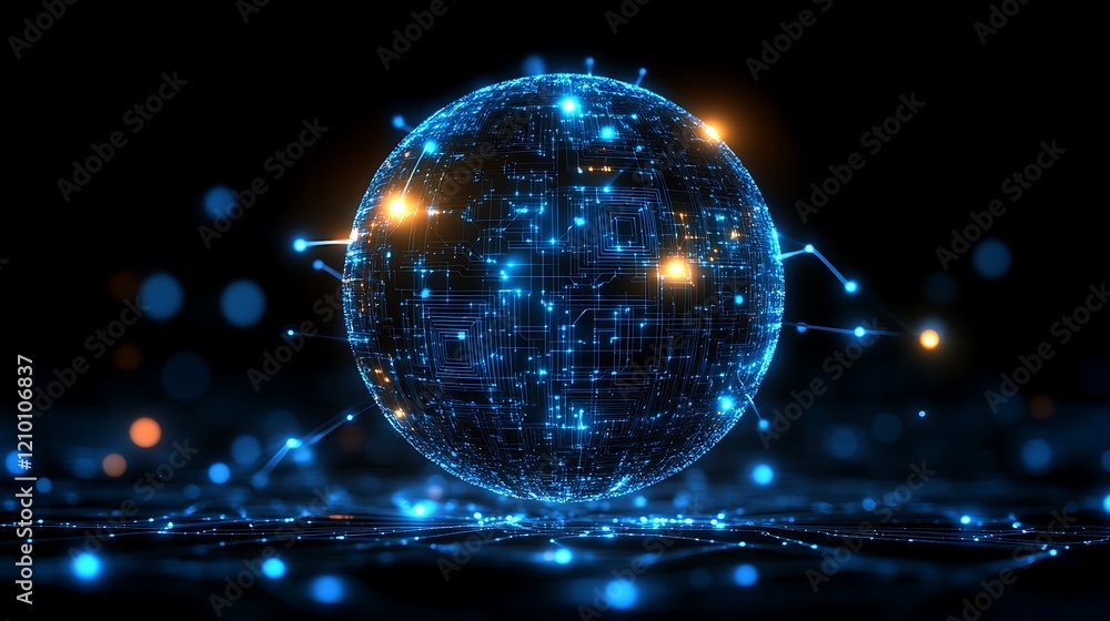 Poster global network sphere: an abstract digital sphere pulsates with blue and orange light, representing 