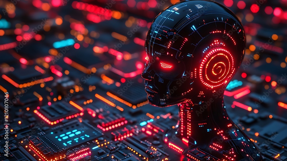 Poster ai awakening: a futuristic android head with glowing red circuits rests on a complex circuit board, 
