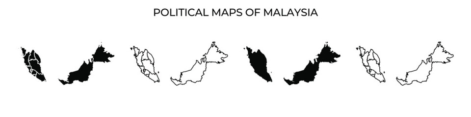 A series of political maps showing the geographic evolution of Malaysia. Each map highlights distinct areas, illustrating different administrative divisions and boundaries.