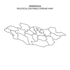 This detailed outline displays the political boundaries of Mongolia, highlighting various regions and provinces. Useful for educational and geographic purposes, it offers clear outlines for editing.