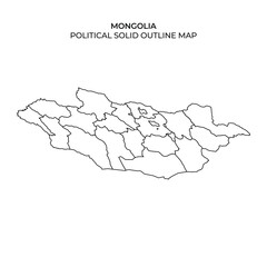 A detailed outline map of Mongolia highlighting political divisions. The map features distinct borders for provinces and regions across the country. This representation emphasizes geographic features.
