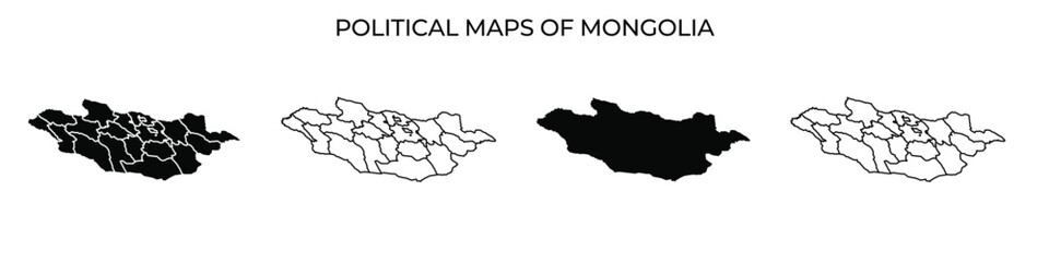Four distinct political maps of Mongolia showcase different regional outlines and borders. Each map varies in color, providing visual emphasis on administrative divisions.