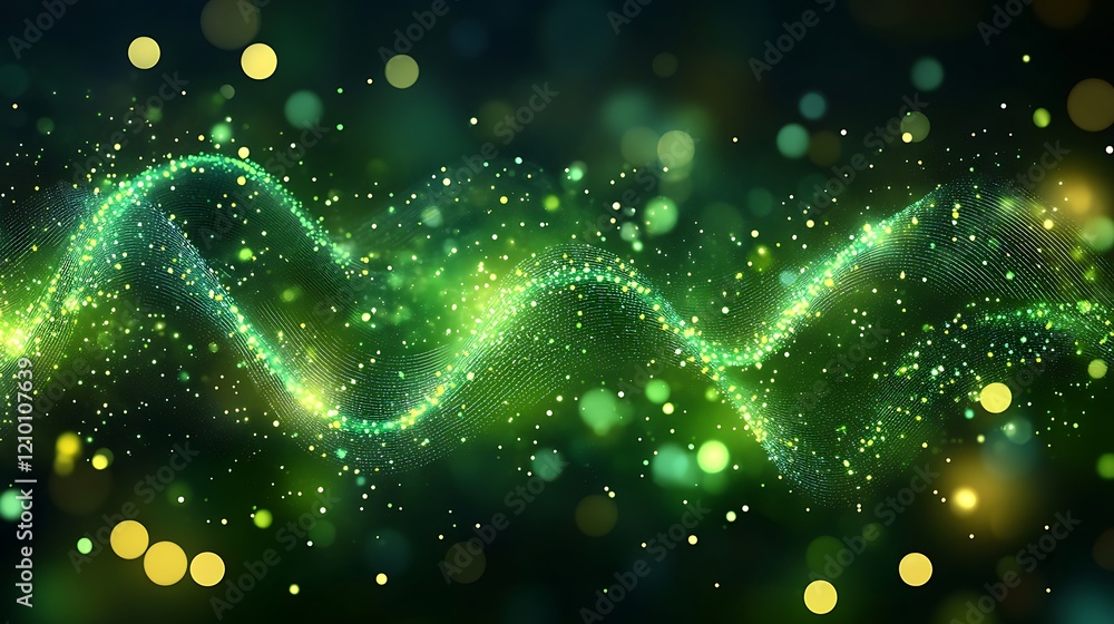 Poster emerald energy wave: a mesmerizing wave of shimmering green particles dances across a dark backdrop,