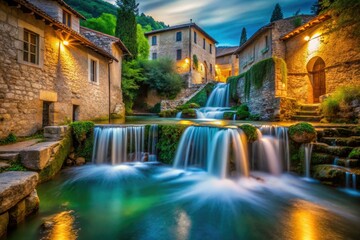Fototapeta premium Umbrian night: Rasiglia's waterfall cascades under a long exposure, illuminating the ancient village.
