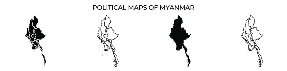 Three maps illustrate the political divisions of Myanmar, highlighting various territorial outlines. The visual contrast shows shifts over time in the countrys geography and borders.