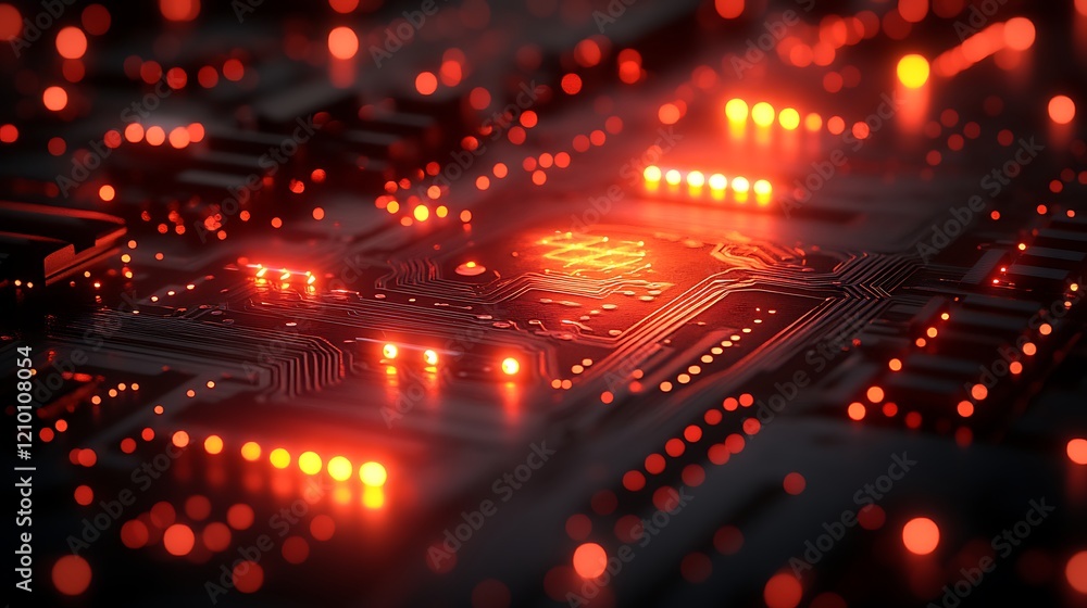 Poster red hot circuit board: close-up view of a circuit board glowing with intense red light, showcasing i